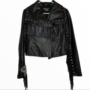 Vince leather jacket fringe leather studded trendy oversized collar xsmall
